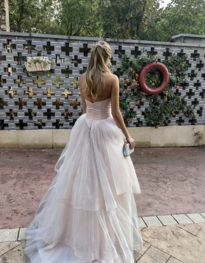 Sweet Pink Heart Neck A-Line Layered Tulle Long Prom Dress Evening Dress cc5618