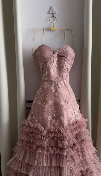 Sweet Princess Pink 3D Floral Beaded Tulle Cake A-Line Long Prom Dress Evening Dress cc5637
