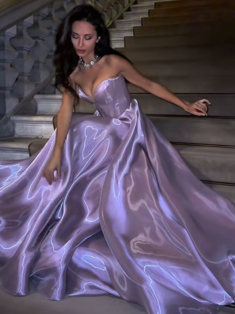 Elegant Purple Strapless Waist Fitted Satin Long Prom Dress Evening Dress cc5639
