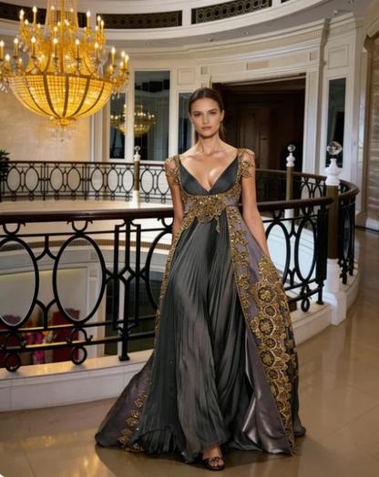 Royal Court Gray Gold Deep V Backless Gold Embroidered Lace Satin Train Prom Dress Evening Dress cc5642