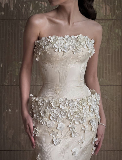 Luxury Cream White Mermaid Strapless 3D Floral Jacquard Satin Train Prom Dress Evening Dress cc5645