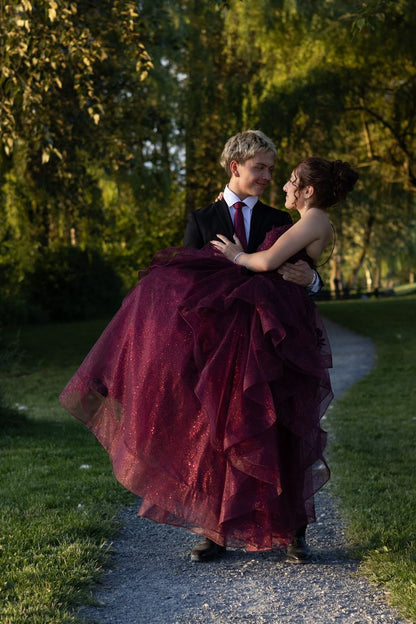 Vintage Burgundy Spaghetti Strap A-Line Multi-Layer Sequin Tulle Long Prom Dress Evening Dress cc5646
