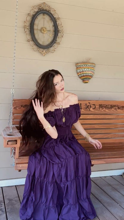 Elegant Dark Purple Off-the-Shoulder Waist A-Line Long Prom Dress Evening Dress cc5647