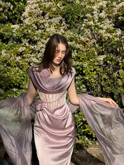 Vintage Dusty Pink Lace Boned Cowl Neck Pearl Flower Satin Long Prom Dress Evening Dress cc5649