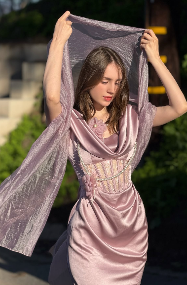 Vintage Dusty Pink Lace Boned Cowl Neck Pearl Flower Satin Long Prom Dress Evening Dress cc5649