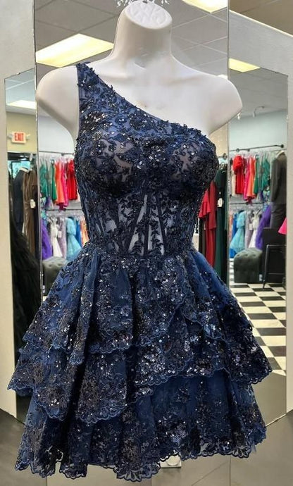 Elegant Navy Blue One-shoulder Sequined Lace Multi-layered A-line Skirt 16th Birthday Homecoming Dress cc4088