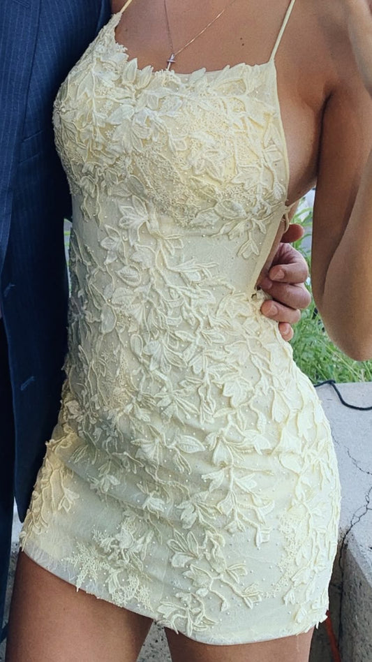 Sweet Light Yellow Suspender Square Neck Three-dimensional Lace Floral Slim Short Birthday Dress Homecoming Dress cc4090