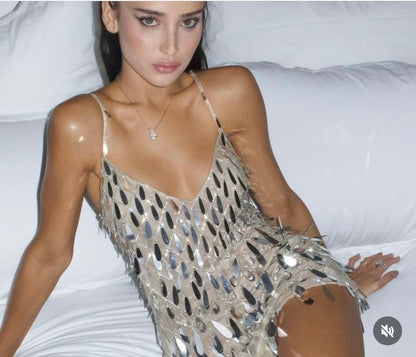 Shining Silver Gray Sequined Deep V Strap Slim Short Birthday Party Homecoming Dress cc4094