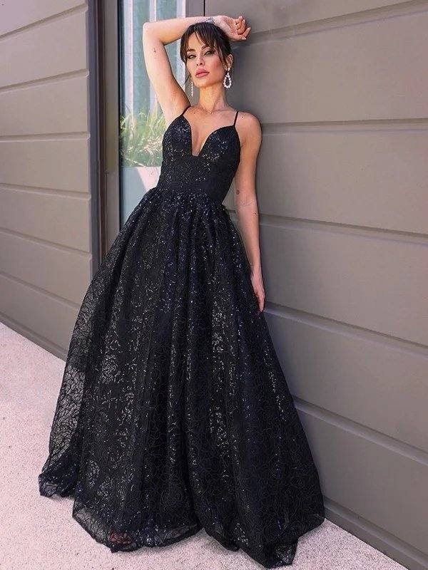 A-Line/Princess V-neck Sequins Sleeveless Sequin Sweep/Brush Train Dresses - RongMoon