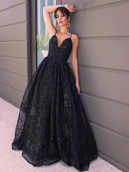 A-Line/Princess V-neck Sequins Sleeveless Sequin Sweep/Brush Train Dresses - RongMoon