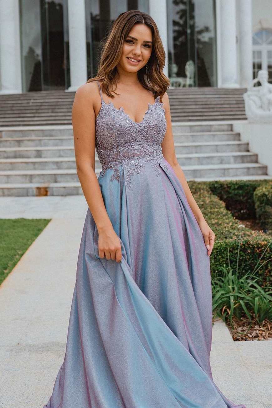 A-line Spaghetti Straps Empire-Waist Appliques Pleated Long Prom Dress
