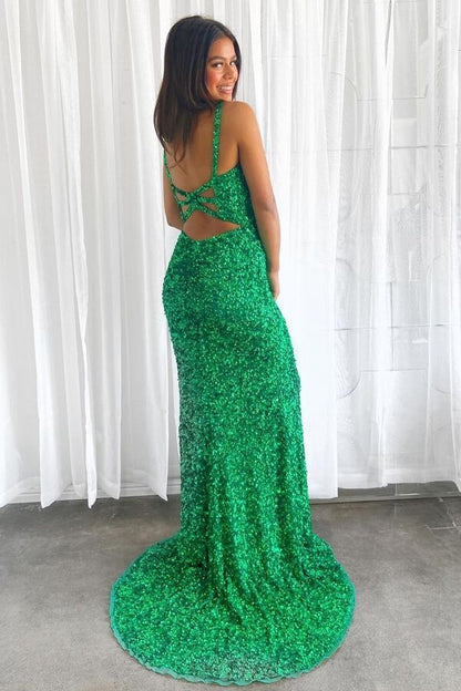 Glitters Mermaid Full Sequins Sleeveless V-Neck Long Formal Dress with Slit