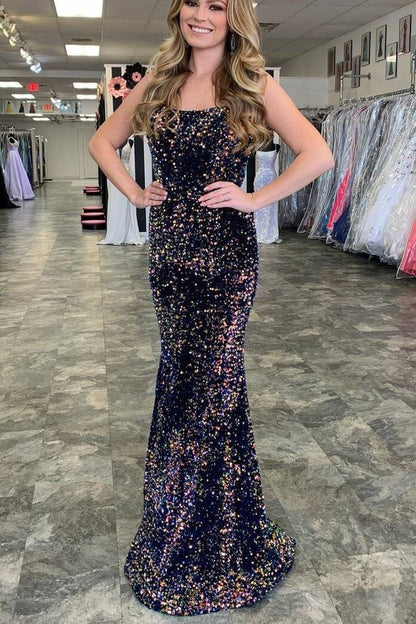 Glitter Mermaid Scoop Neck Full Sequins Long Formal Prom Dress