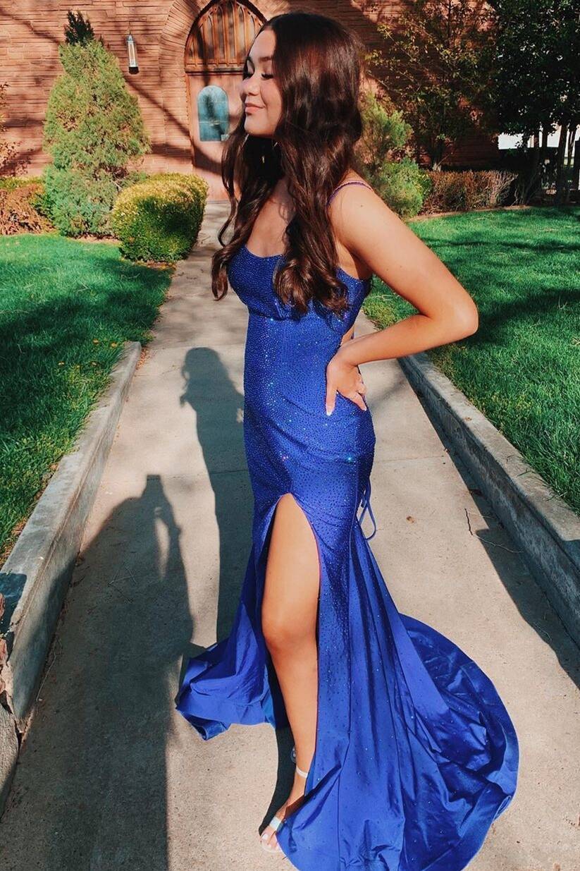 Spaghetti Straps Mermaid Side Slit Rhinestones Long Formal Prom Dress