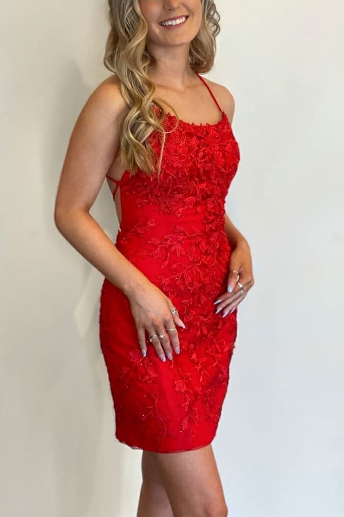 Red Lace Appliques Bodycon Mini Party Dress