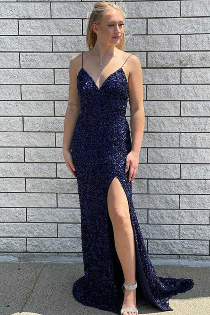 Navy Blue V-Neck Spaghetti Straps Sequins Mermaid Long Prom Dress with Slit