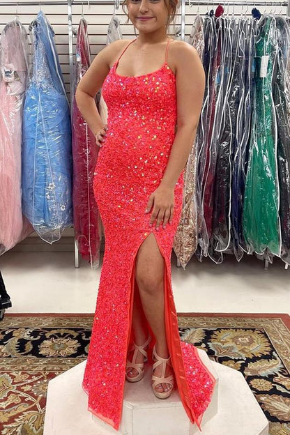 Mermaid Blue Sequins Long Formal Dress with Lace Up Back