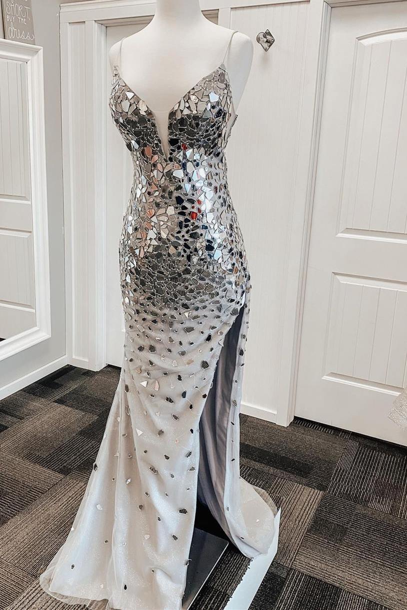 Mermaid Silver V-Neck Mirror-Cut Sequins Long Formal Dress with Slit