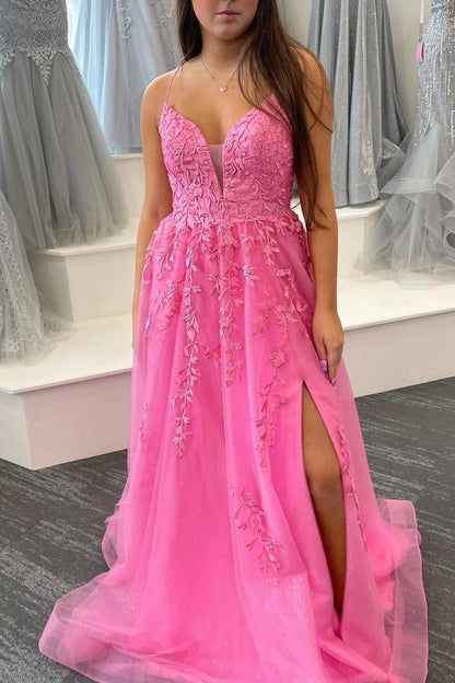 A-Line Pink V-Neck Lace Appliques Long Formal Dress with Slit