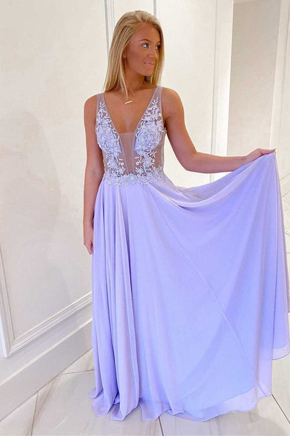 Lavender Chiffon A-line Illusion V-Neck Empire-Waist Sleeveless Long Formal Dress