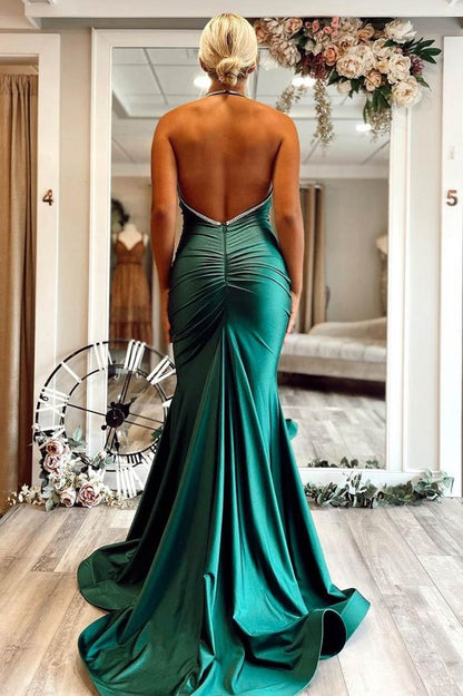 Gorgeous V-Neck Pleats Mermaid Backless Long Formal Prom Dress