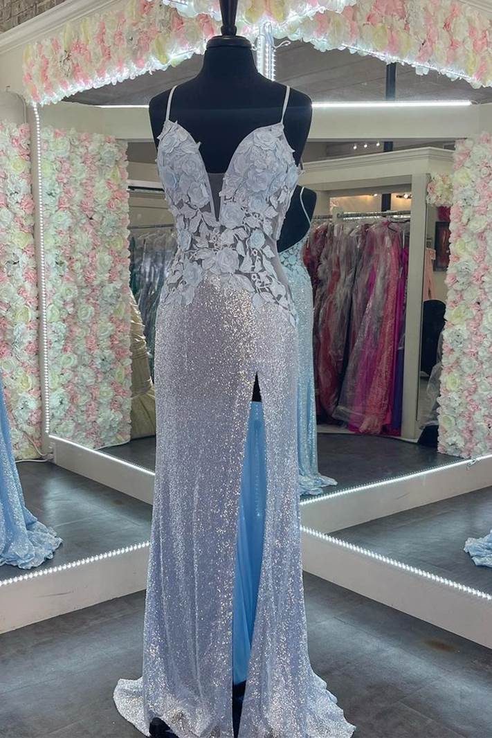 Blue Spaghetti Straps V-Neck Sequins Appliques Long Prom Dress with Slit