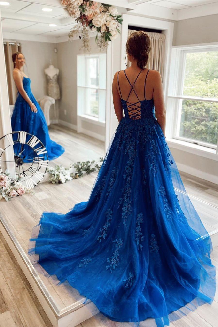 Princess Scoop Neck Lace Appliques A-line Empire-Waist Long Formal Dress