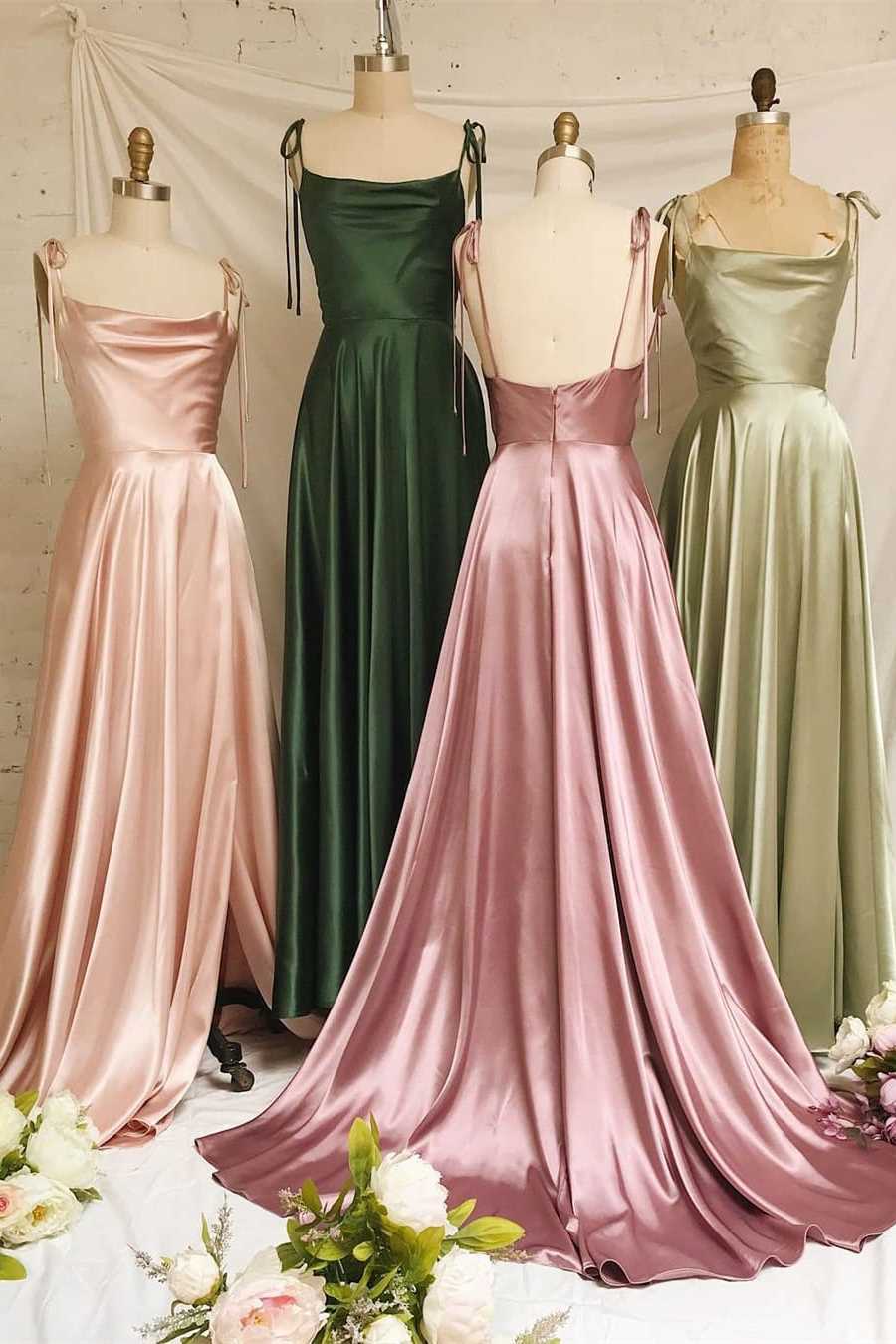 Sweet A-line Cowl Neck Silk Spaghetti Straps Pleats Satin Long Prom Dress