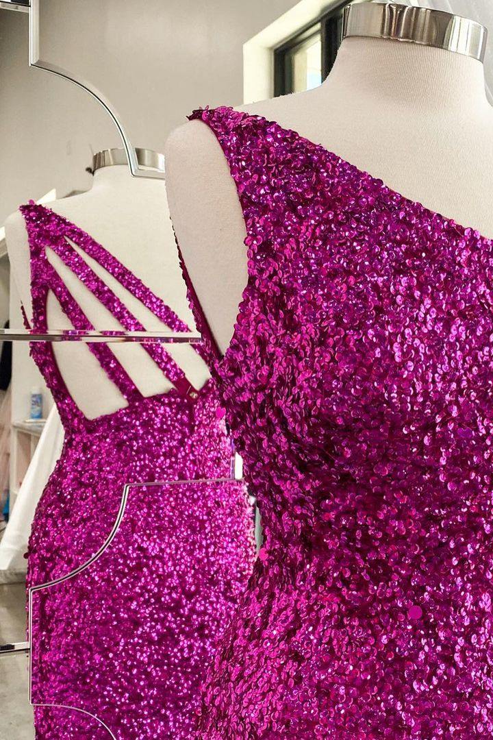 One Shoulder Sequins Mermaid Sleeveless Long Formal Prom Dress with Slit