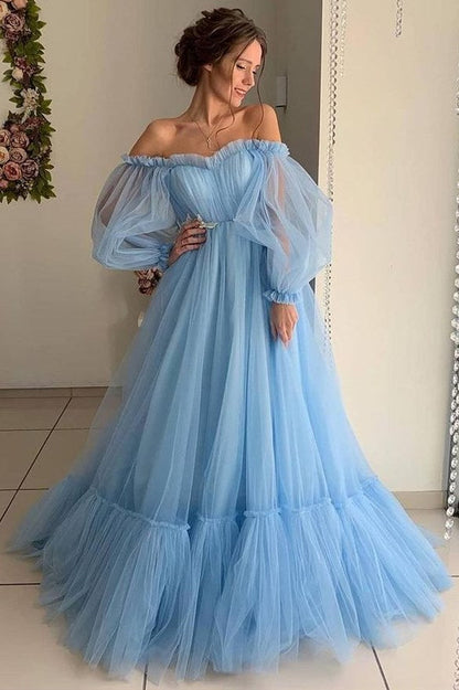 Lavender Off-the-Shoulder A-line Long Tulle Dress