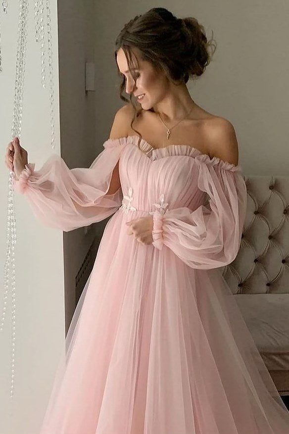 Lavender Off-the-Shoulder A-line Long Tulle Dress