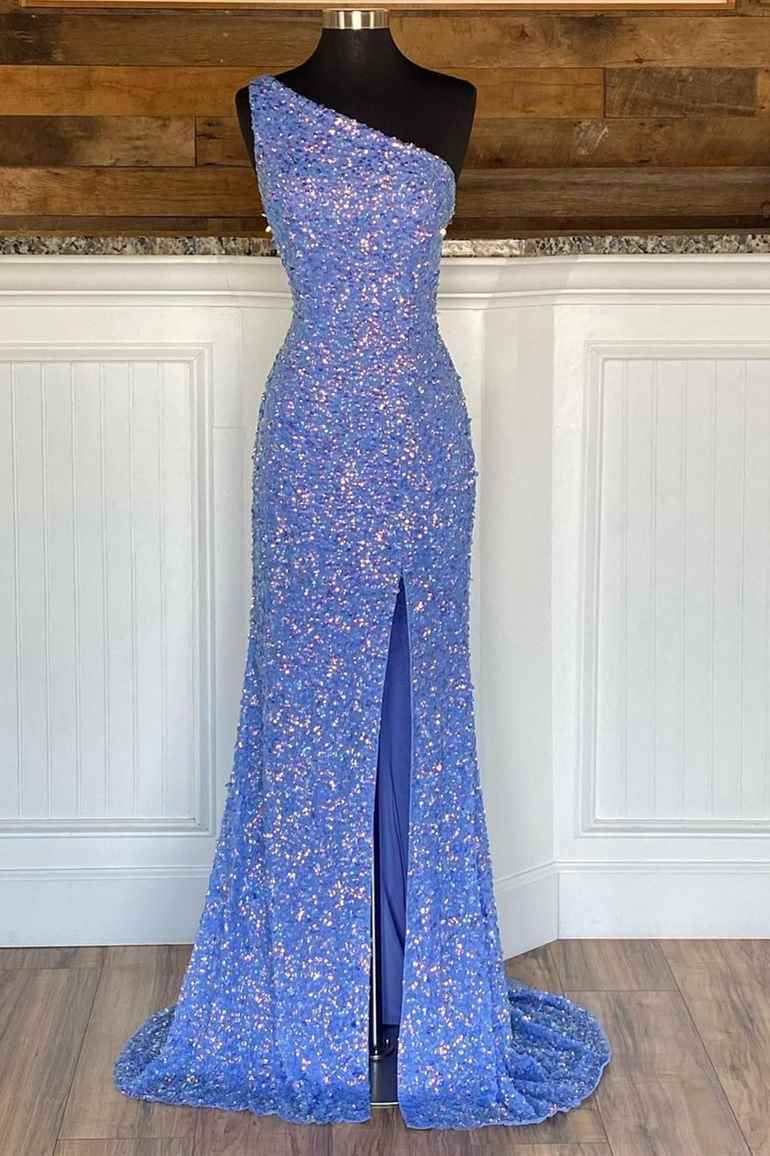 One Shoulder Sequins Mermaid Sleeveless Long Formal Prom Dress with Slit