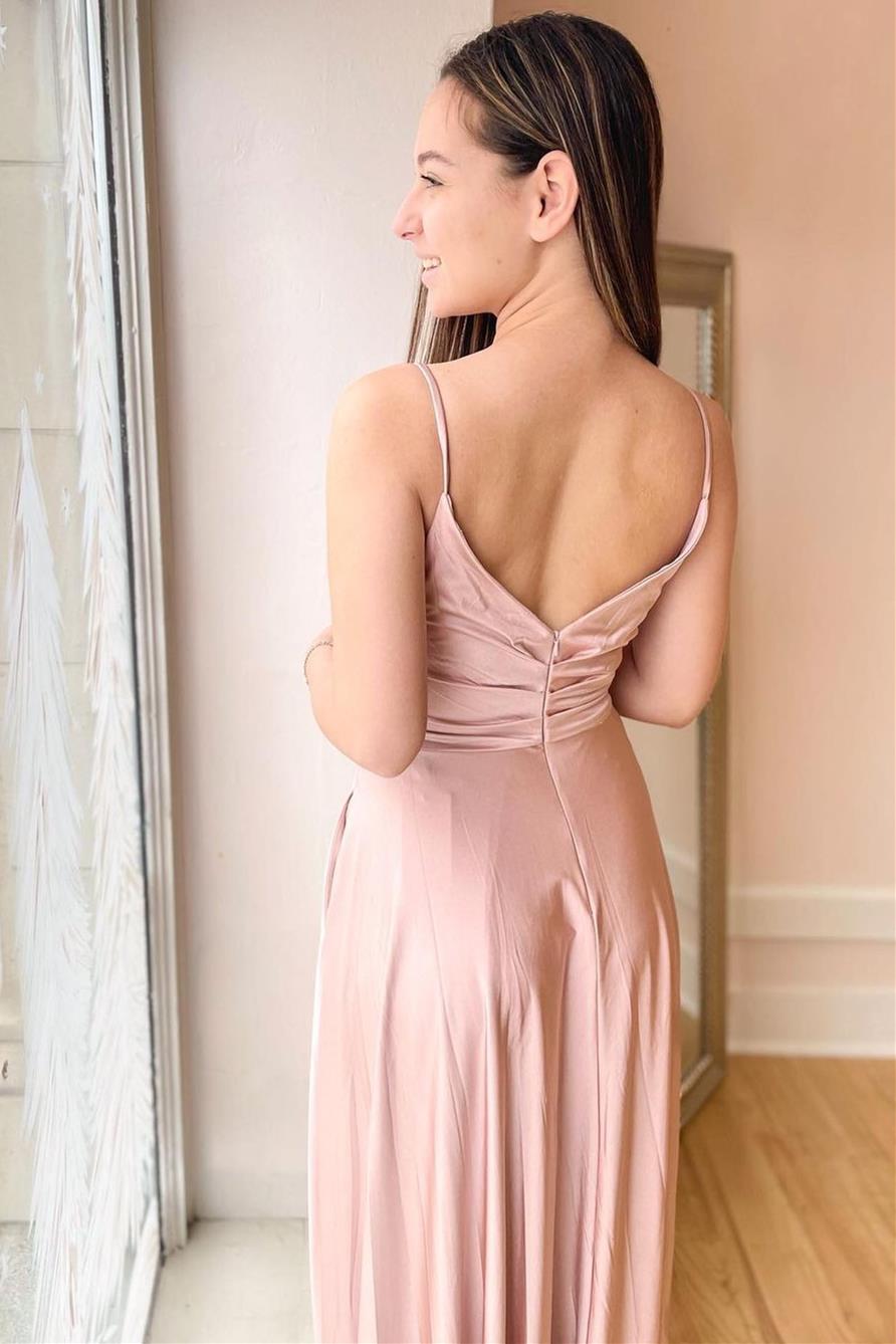 Blush Pink V-Neck Straps Backless Bridesmaid Dress