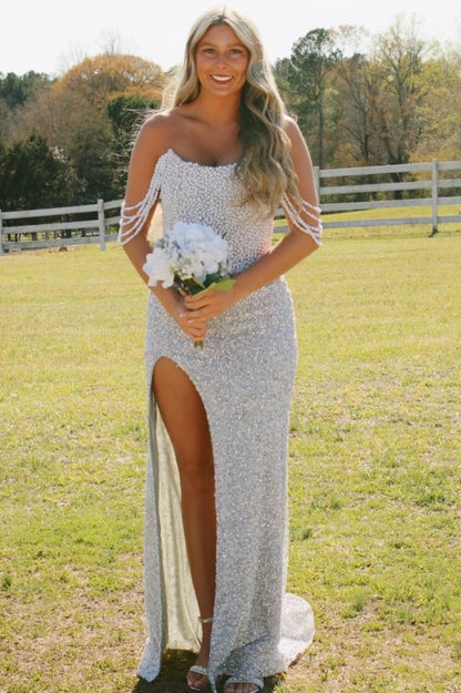 Mermaid Strapless Beaded Scoop Long Prom Dress with Slit