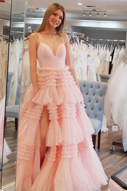 Black Tulle Multi-Tiered V-Neck Long Prom Dress