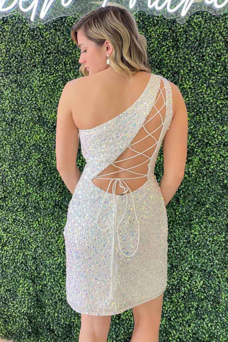 Royal Blue Sequins One-Shoulder Lace-Up Mini Homecoming Dress