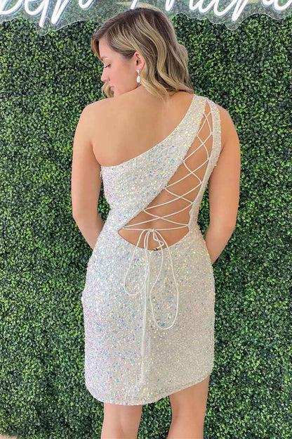 Royal Blue Sequins One-Shoulder Lace-Up Mini Homecoming Dress