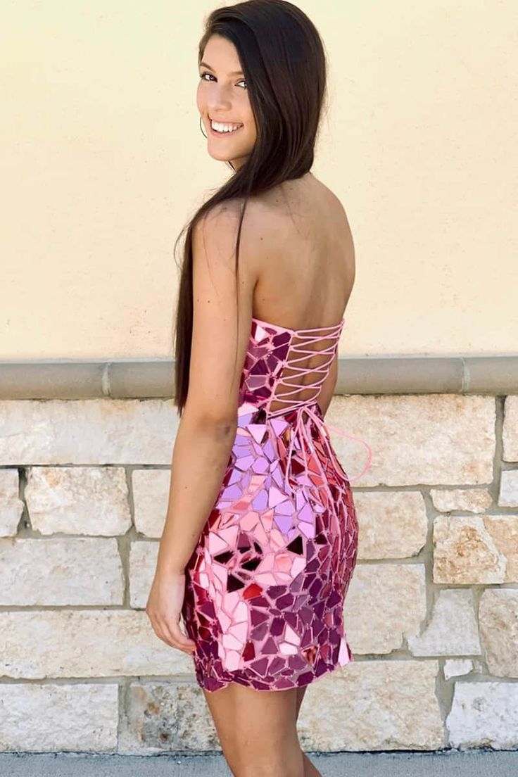 Cut Glass Mirror Strapless Lace-Up Mini Homecoming Dress