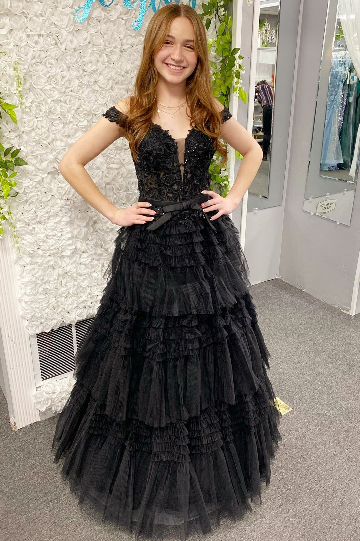 Princess Tulle Off-the-Shoulder Tiered A-Line Prom Gown