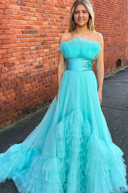 White Organza Strapless Belted A-Line Tiered Prom Dress with Ruffles