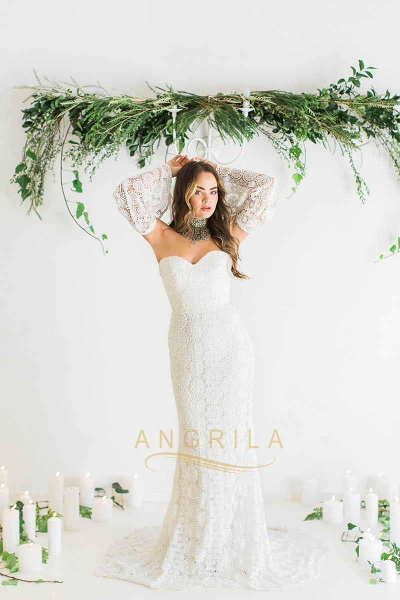 Sweetheart Sweep Train Lace Wedding Dress with Sleeves