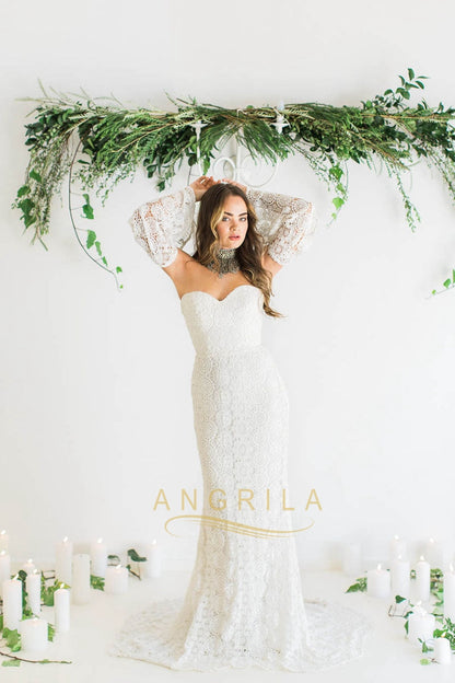 Sweetheart Sweep Train Lace Wedding Dress with Sleeves