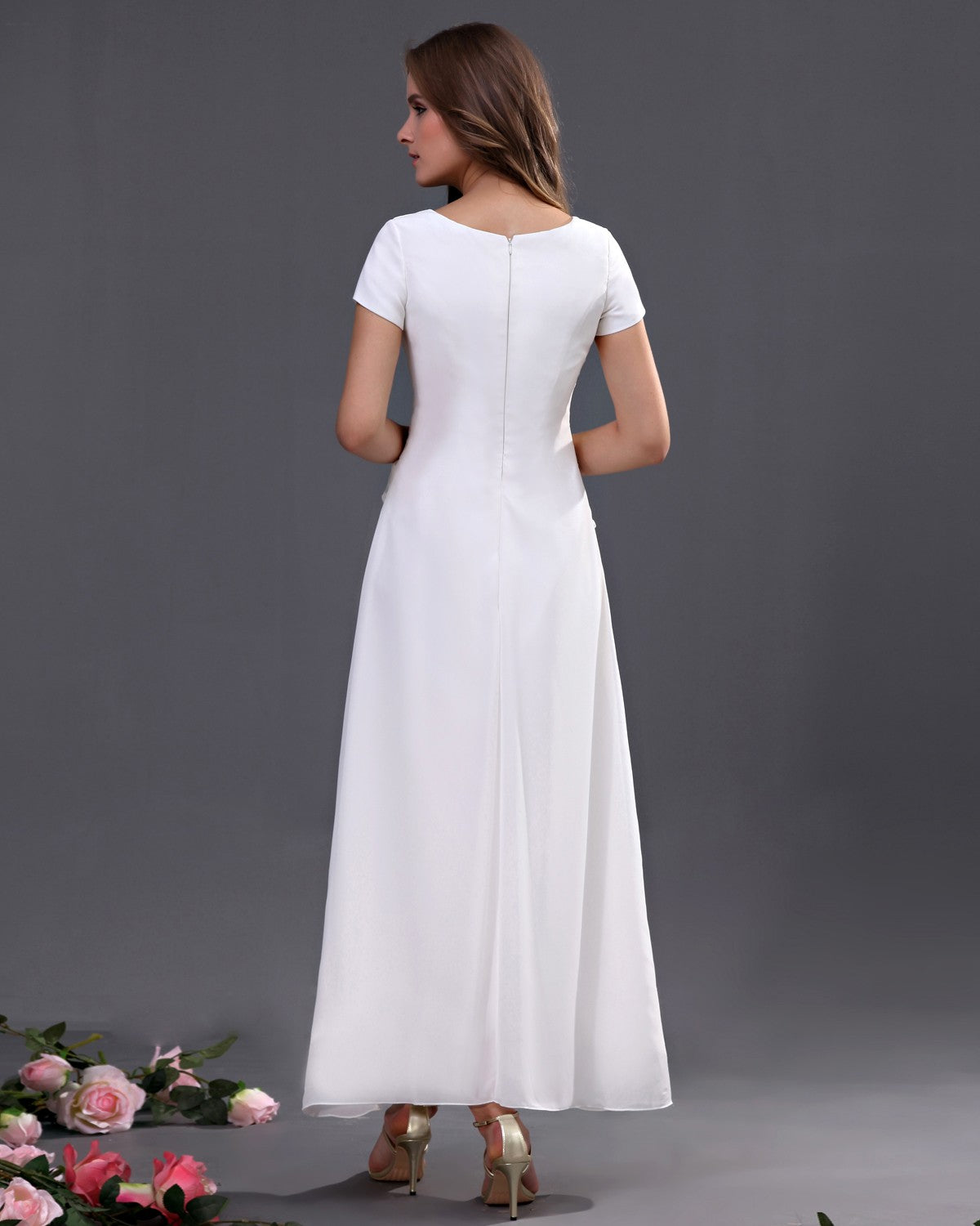 A-line Scoop Ankle-length Chiffon Long Bridesmaid Dresses with Short Sleeves