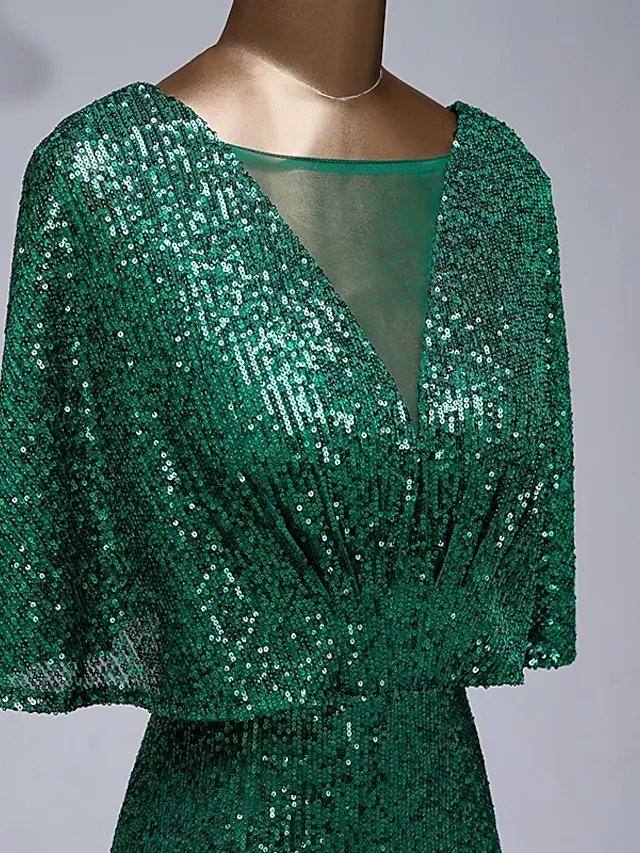 Mermaid / Trumpet Sparkle Elegant Prom Formal Evening Dress Illusion Neck Half Sleeve Floor Length Sequined with Sequin Ruffles - RongMoon