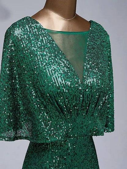 Mermaid / Trumpet Sparkle Elegant Prom Formal Evening Dress Illusion Neck Half Sleeve Floor Length Sequined with Sequin Ruffles - RongMoon
