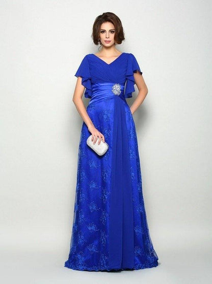 A-Line/Princess V-neck Applique Short Sleeves Long Chiffon Mother of the Bride Dresses - RongMoon