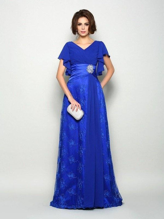A-Line/Princess V-neck Applique Short Sleeves Long Chiffon Mother of the Bride Dresses - RongMoon