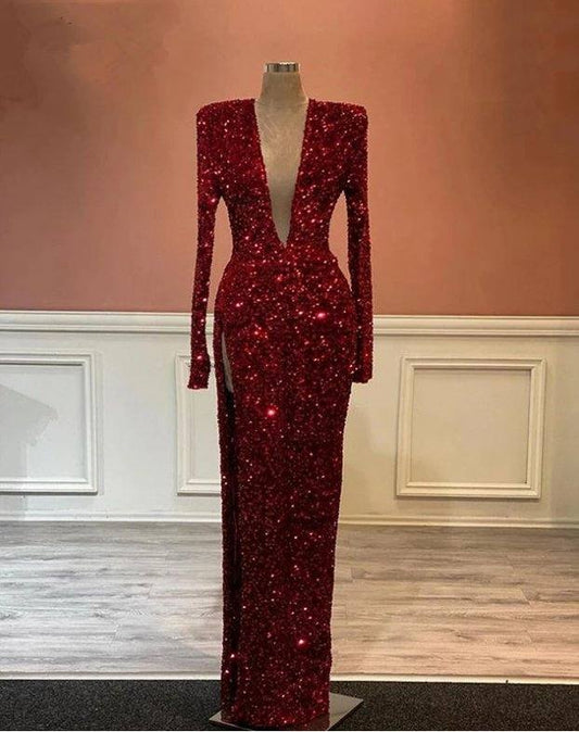 Sexy Deep V Neck High Slit Prom Dresses 2021 Long Sleeve Burgundy Sequin African Black Girls robe de soirée de mariage PartyGown - RongMoon