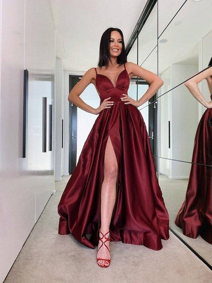 A-Line/Princess Ruffles V-neck Satin Sweep/Brush Train Sleeveless Dresses - RongMoon
