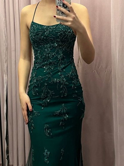 Sexy Backless Mermaid Green Tulle Beaded Long Prom Dress Formal Evening Gown cc2161
